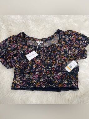 Jessica Simpson Navy Floral Button-Front Crop Top